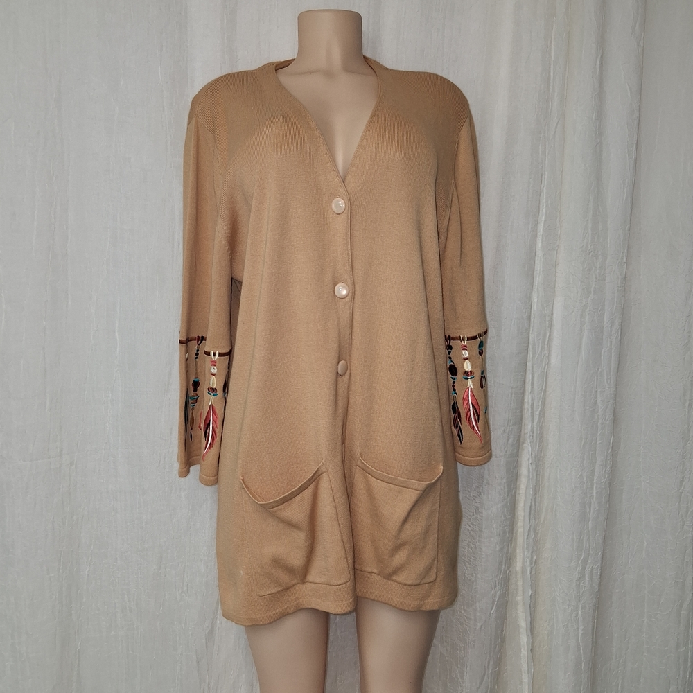 Bob Mackie Wearable Brown Tan Knit Sweater cardigan Sz XL